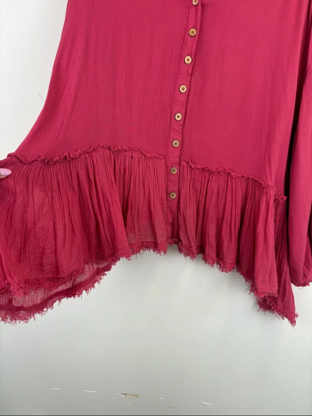 Free People Pink Gauze Button Front Peplum Top XL Boho Flowy Raw Hem Blouse - Picture 7 of 11
